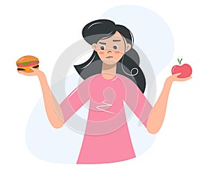 Girl chooses between healthy and unhealthy food concept flat vector illustration. Diet and healthy eating female cartoon