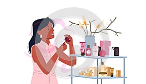 Girl choosing fashion perfume from assortment in beauty cosmetics store, applying process