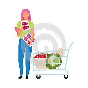 Girl choosing fresh meat at supermarket semi flat color vector character