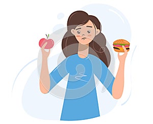 Girl choosing between healthy and unhealthy food concept flat vector illustration. Diet and healthy eating female