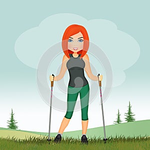 Girl with chopstick for nordic walking