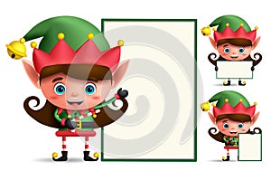 Girl christmas elf vector character set holding empty white board