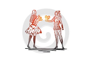 Girl, Christmas, present, winter, happy concept. Hand drawn isolated vector.