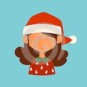 Girl Christmas Santa red hat avatar face icon illustration