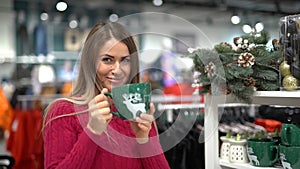 Girl Christmas Shopping Green Mug