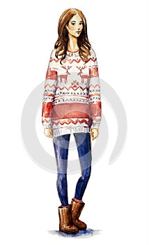 Girl in a christmas sweater. Christmas look