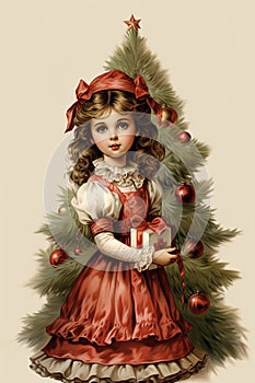 Girl for Christmas Traditional Christmas vintage style. Postcard design