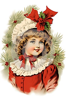 Girl for Christmas Traditional Christmas vintage style. Postcard design