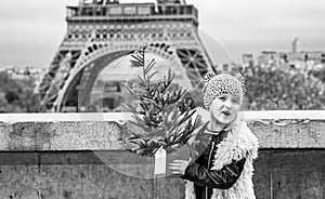 Girl with Christmas tree in front of Eiffel tower in Paris