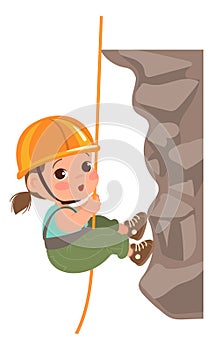 Girl climbing rock cliff. Cratoon kid alpinist