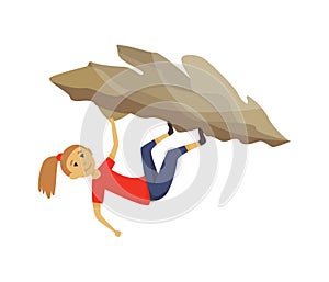 Girl climbing on a rock mountain with equipment. Extreme outdoor sports. Climbing the mountains. Vector illustration