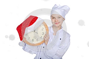 Girl with clock, Santa hat and snow
