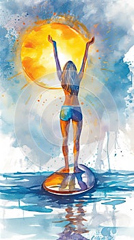 Girl close-up in foreground on sup board doing yoga in sea. Meditation. Blue sky sun shining. Bright clean watercolor