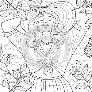 Girl with closed eyes enjoy nature.Coloring book antistress for children and adults.