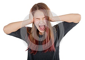 Girl closing her ears and screaming