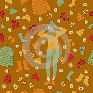 Girl and clothes. Seamless pattern, vector illustration