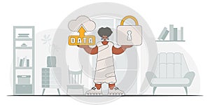 Girl with cloud access, padlock security . modern vector character.