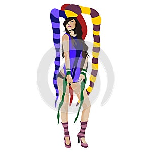 Girl-clown, vector illustration, beautiful girl in the clothes of a jester posing