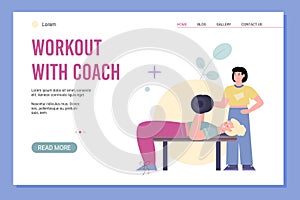 Girl coach train of woman using weight equipment in gym a vector illustration