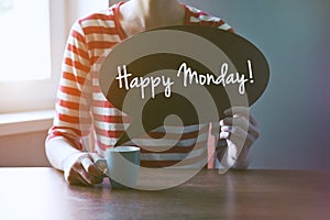 Girl with coffee and bubble plate Happy Monday