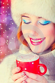 Girl with coffee in Christmas style