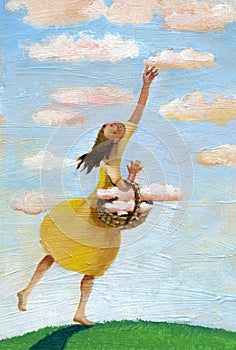 A girl collects clouds in basket photo