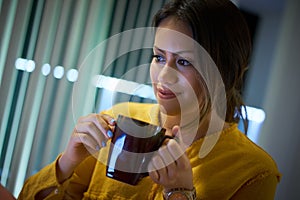 Girl College Student Drinking Coffee Studying At Night