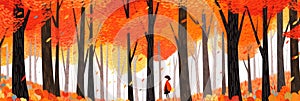 A girl in colorful autumn forest with falling leaves. Banner background, generative AI illustration in storybook style