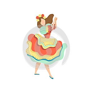 Girl in Colorful Dress Dancing at Folklore Party, Traditional Brazil June Festival, Festa Junina Vector Illustration