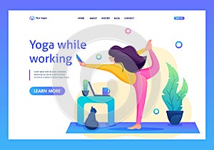 Girl combines yoga classes with work and correspondence on the phone. Flat 2D landing page