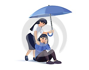 Girl comforts her sad friend over the umbrella 3D illustration. Woman supports female with psychological problems.