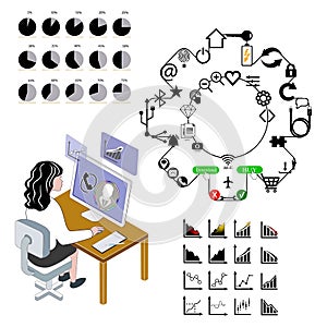 The girl at the computer models the interface. Growth charts and percentage sectors. Set of icons in the form of a gear. Applicati