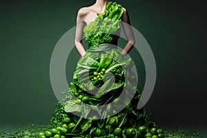 girl in conceptual drees from lettuce and vegetables. Creative illustration of World Vegan Day