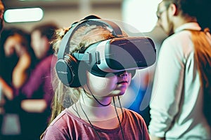 girl at conference on cyber technologies in virtual reality gles vr headset