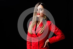 Girl confident business lady formal red jacket. Gorgeous and stylish. Impeccable makeup and perfect jewelry. Red suits