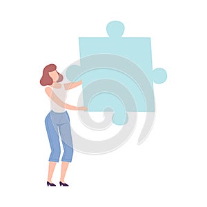 Girl Connecting Puzzle Element, Person Holding Big Jigsaw Piece Assembling Abstract Puzzle Cartoon Style Vector