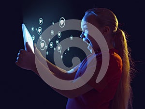 Girl connecting and sharing social media. Modern UI icons, communication, devices