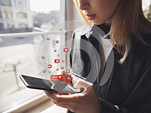 Girl connecting and sharing social media. Modern UI icons, communication, devices