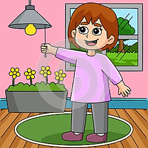 Girl Conserving Energy Colored Cartoon