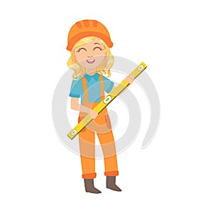 Girl With The Construction Line-Up, Kid Dressed As Builder On The Construction Site Future Dream Profession Set