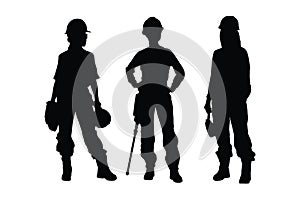 Girl construction worker wearing uniforms silhouette bundle. Female bricklayer silhouette collection. Mason women with anonymous