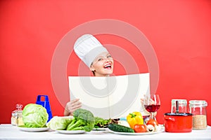 Girl cook at kitchen table ingredients. Tips and advice. Preparing food. Delicious and gourmet. Cooking food as hobby