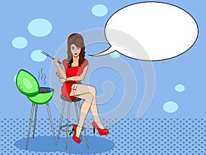 girl cook. Pose on a chair. Legs crossed. Style comics. Raster of pop art. Barbecue or barbeque informally BBQ or