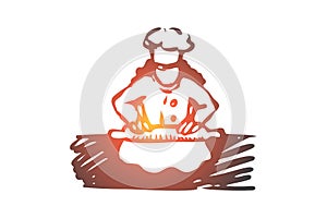 Girl, cook, roll, dough, food concept. Hand drawn isolated vector.