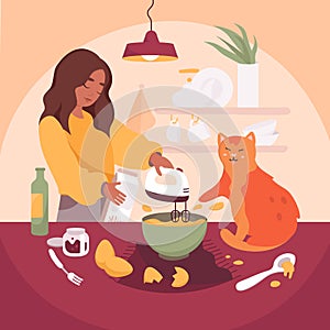 Girl cooking with cat in kitchen