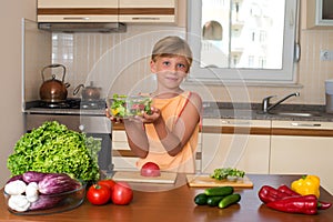 Girl Cooking. Healthy Eating - Vegetable Salad. Diet. Dieting Concept. Healthy Lifestyle. Cooking At Home. Prepare Food.