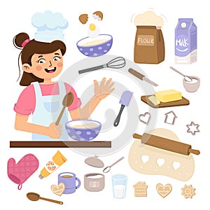 Girl cooking in kitchen. Little baker. Kitchen tools isolated on a white background. Little cook mixes the dough. Kid