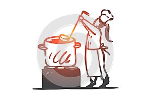 Girl, cooking, soup, pan, chef concept. Hand drawn isolated vector.