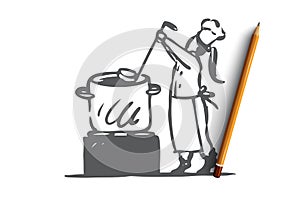 Girl, cooking, soup, pan, chef concept. Hand drawn isolated vector.