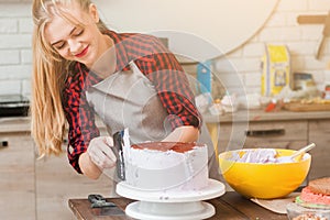 Girl cooking sweet dessert. Culinary masterclass. photo